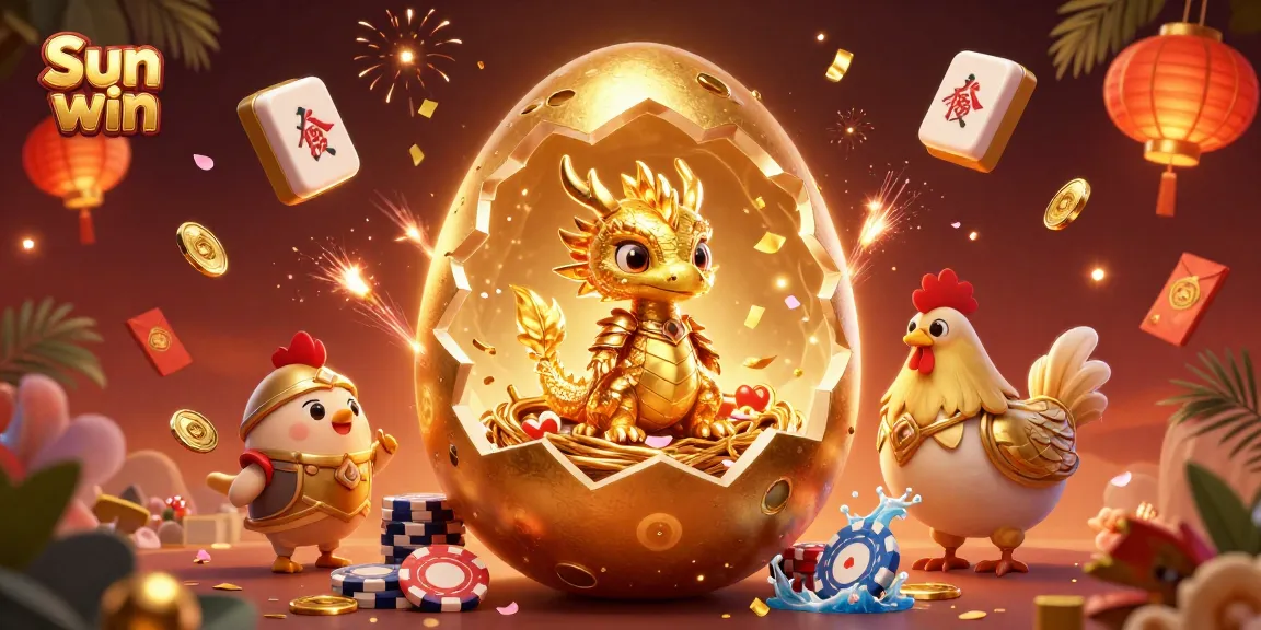 Engage in thrilling gaming with Sun win; a vibrant scene showcasing a golden dragon and poker chips.