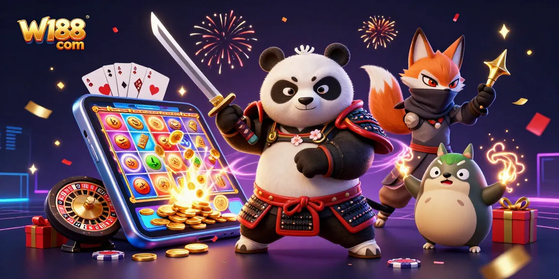 Engage in thrilling gameplay at W188 com with exciting slot games, vibrant characters, and casino elements.