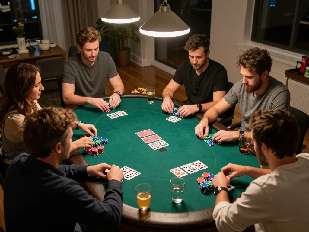 Friends enjoying a poker night at home, showcasing u888 gameplay dynamics with colorful chips and intense focus