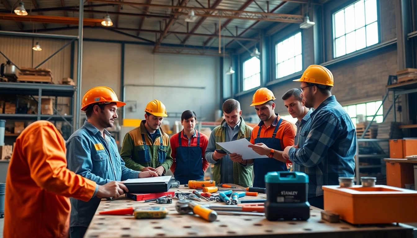 Un gruppo di lavoratori impiega strumenti di stanley italia per un progetto collaborativo in un cantiere.