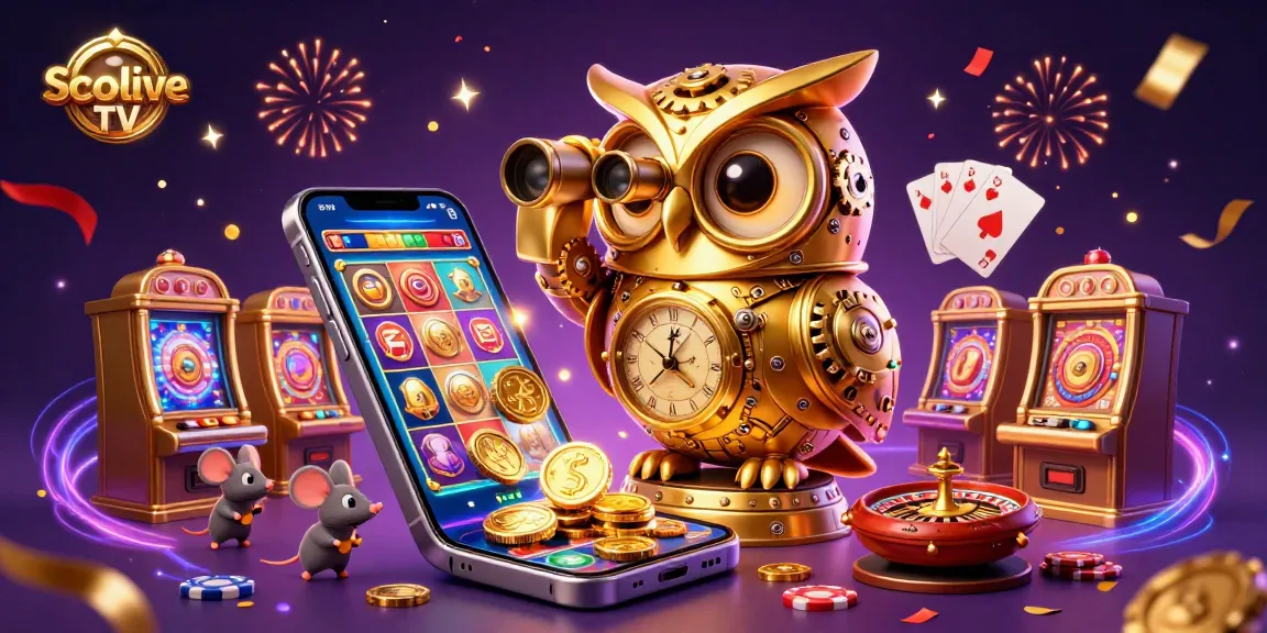 Socolive TV features a lively 3D scene with an owl overseeing a bustling casino floor, surrounded by gaming elements.