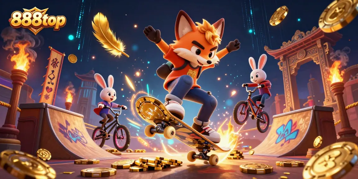 Engage with 888top's thrilling atmosphere featuring a fox and rabbit in a vibrant casino scene.