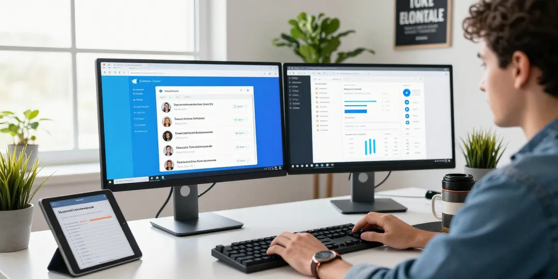 Young professional engaging with the Telegram web version on dual monitors in a bright, modern office.