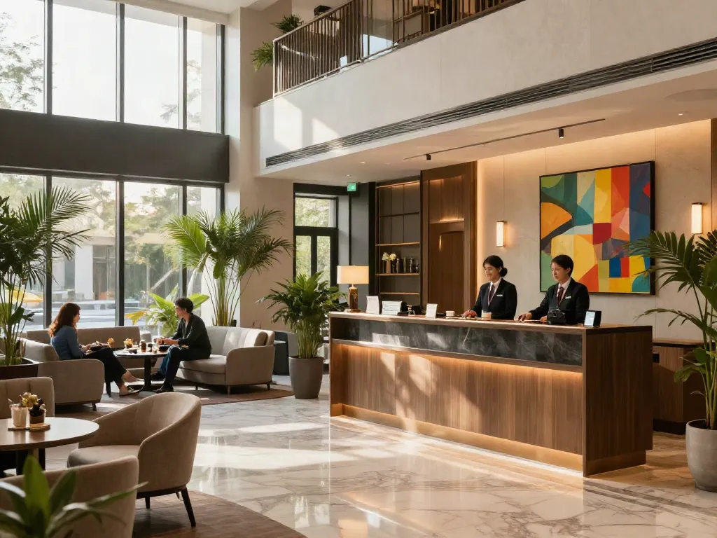 Elegant hotel lobby at Carter Hotel, showcasing modern design and welcoming atmosphere.