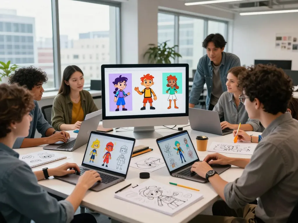 Team brainstorming innovative AI characters at crushonai in a vibrant digital workspace.