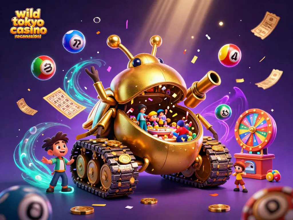 Experience thrilling moments at wild tokyo casino recensioni with a vibrant casino scene of a golden beetle tank revealing a miniature gaming environment.