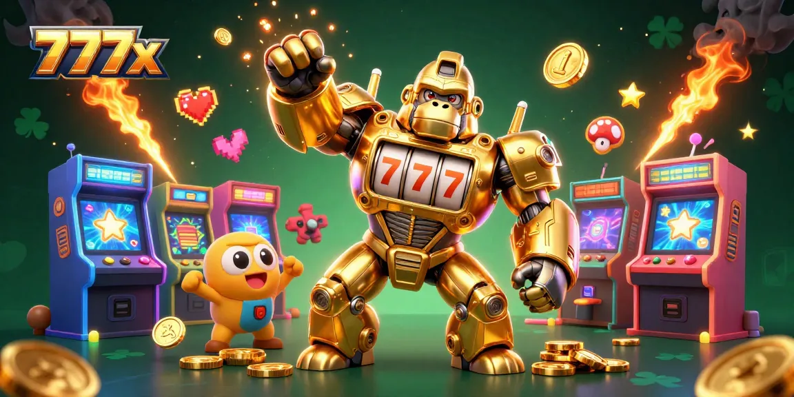 Engage in thrilling casino adventures with 777x, featuring a golden gorilla mech and dynamic gaming elements.