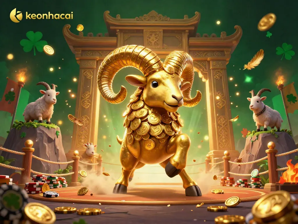 Bet and win with keonhacai as a golden ram charges through a vibrant gambling arena.