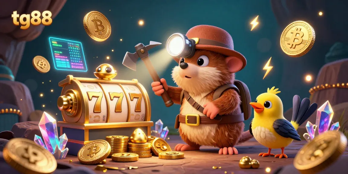 Spin the reels with tg88 in a vibrant casino scene featuring a treasure hunter mole and golden slot games.