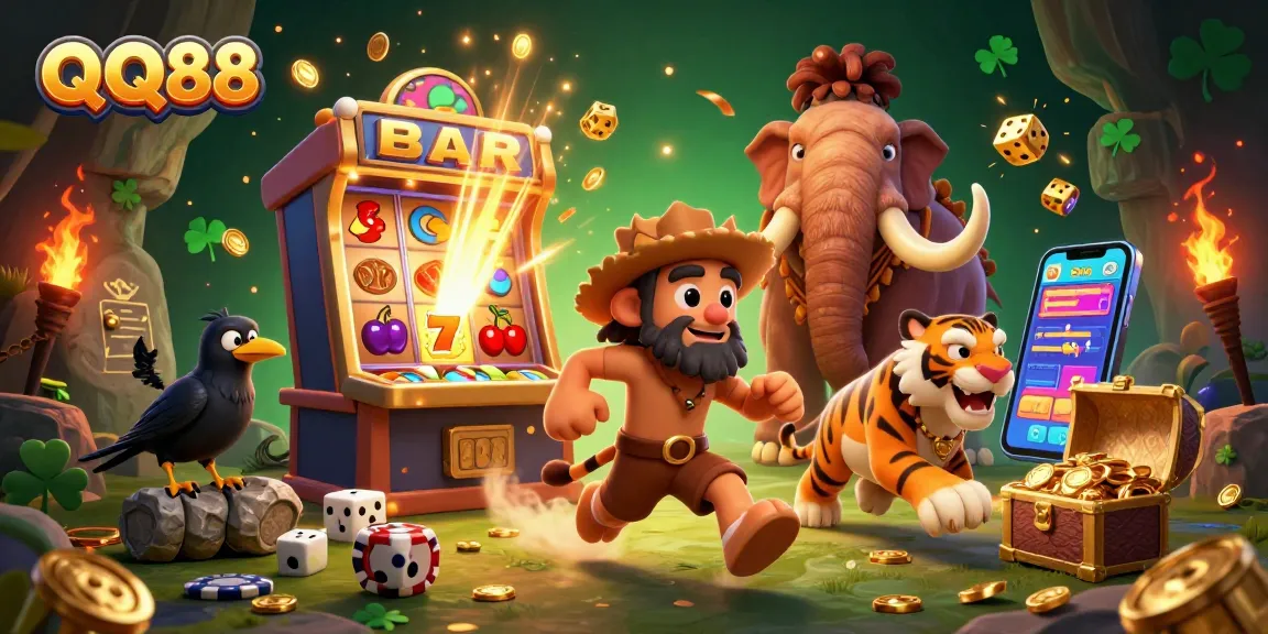Experience the thrill of QQ88 casino with colorful gaming elements and a prehistoric theme.