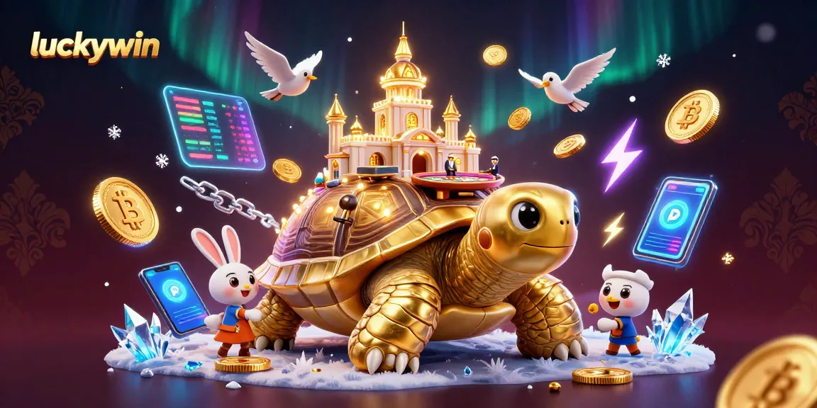 Immerse in the luckywin casino with a golden tortoise featuring a lively rabbit dealer and birds carrying coins.