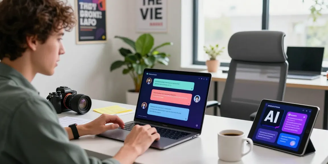 Engaging with spicy AI chatbot in a modern workspace, showcasing vibrant chat on laptop.
