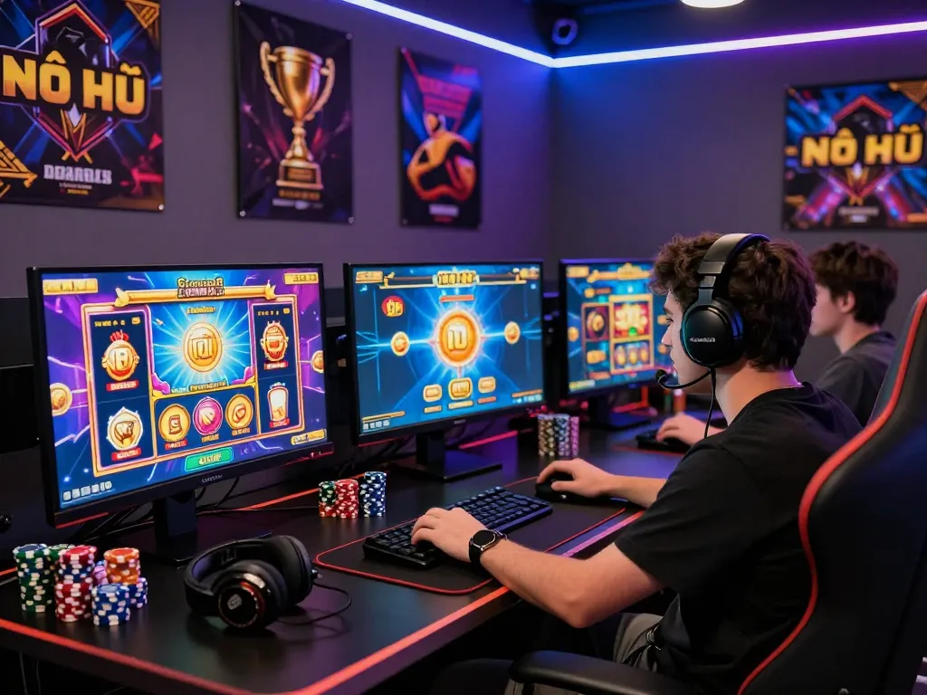 Nổ Hũ Uy Tín gaming environment with vibrant screens and slot games, showcasing the excitement of online gambling.