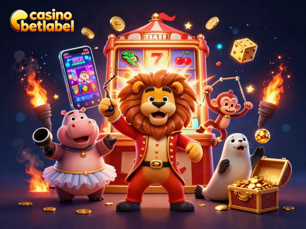 Experience gaming excitement with casino betlabel in a colorful 3D scene full of characters and slot machine action.