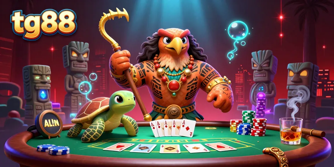 Experience the thrill of tg88 at a vibrant poker table featuring colorful chips and a tropical demigod.