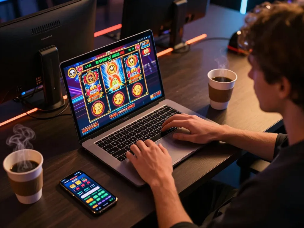 Player engaging with exciting slot games on f168, showcasing vibrant graphics and an interactive setup.