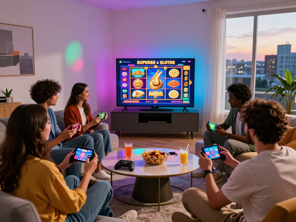 Engaging moment of friends enjoying slot88 resmi games together in a vibrant living room.