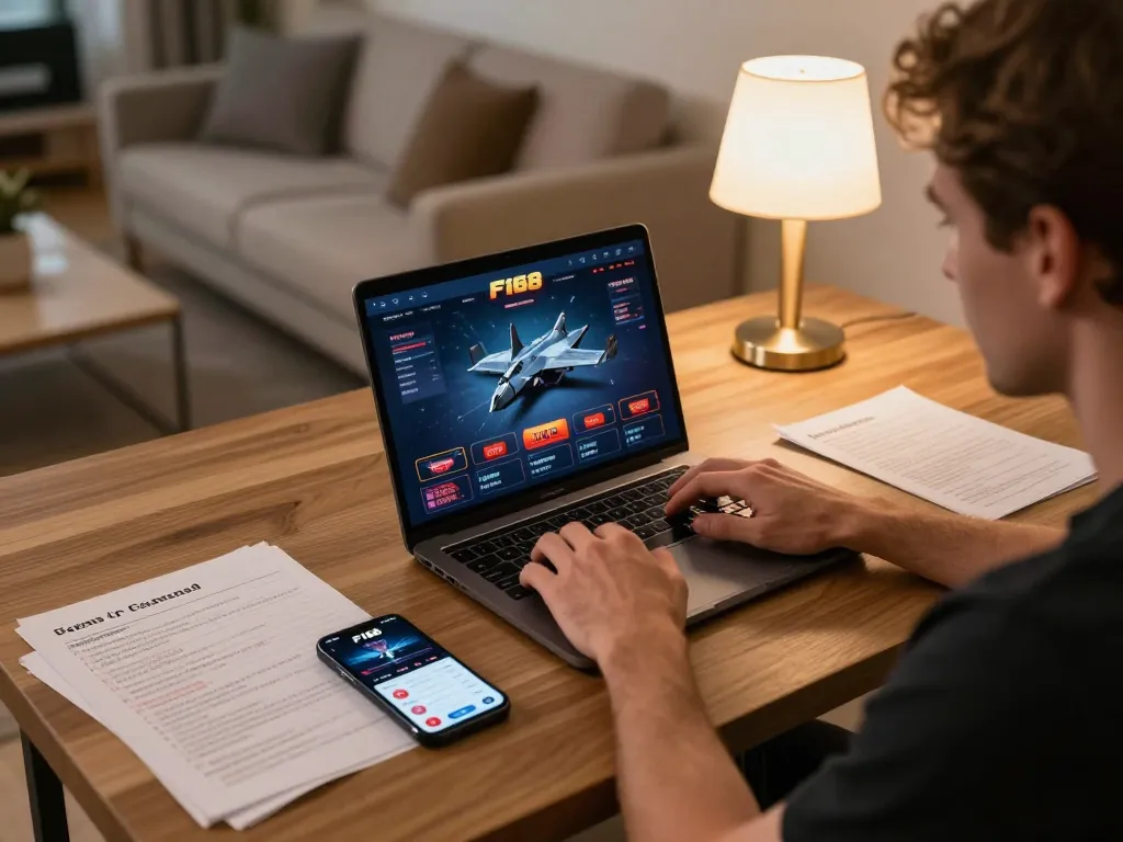 Engaging in online gaming at F168 casino interface on a sleek laptop with strategic notes.