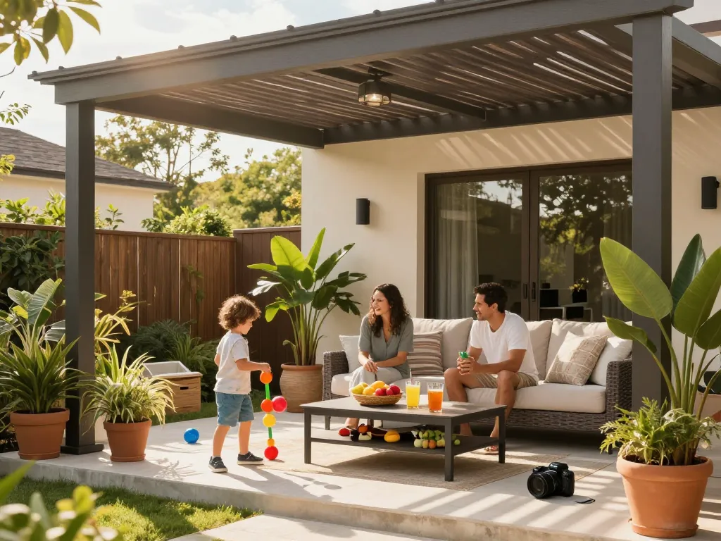 Configuratore pergole online impostato con una famiglia che si gode una pergola bioclimatica in un ambiente esterno soleggiato.