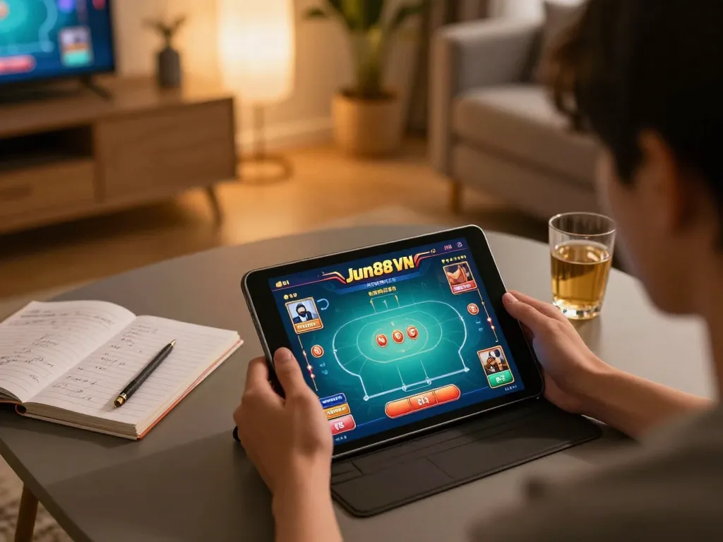 Playing Jun88 VN mobile casino games in a cozy living room setting, showcasing modern gaming and responsible gambling.