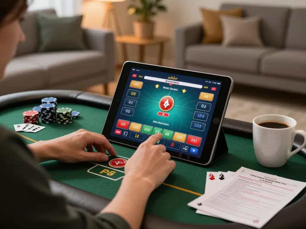 Engaging online gambling moment with 23win on a tablet, displaying poker game interface and betting strategy notes.