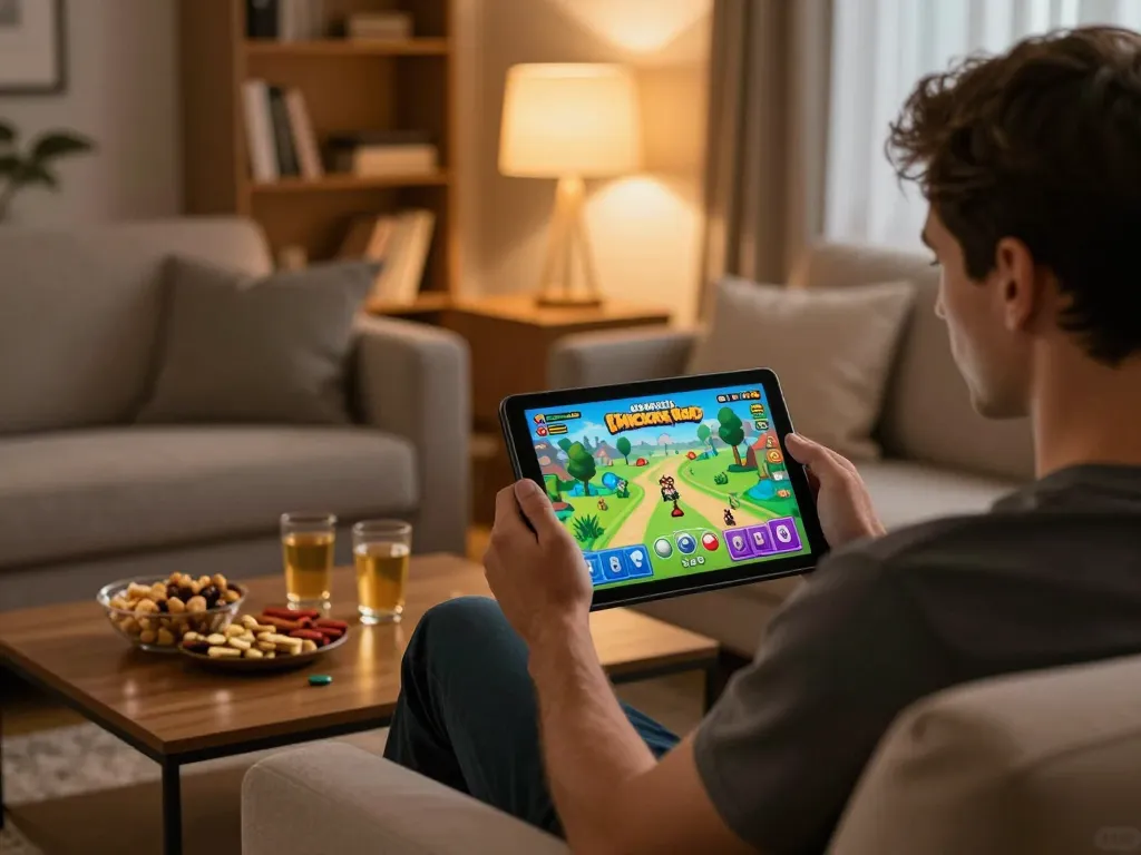 Impegnati nel gameplay delle recensioni di Chicken Road su un tablet in un accogliente ambiente domestico.