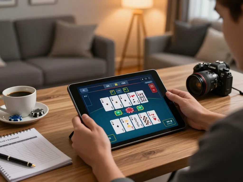 Engaging online gaming moment at nhà cái 68win with blackjack on a tablet in a cozy home setting.