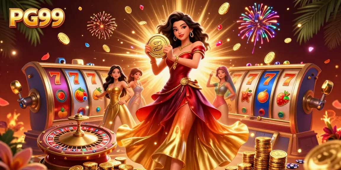 Experience thrilling gaming action with PG99 as golden coins and slot reels twirl around a stunning character.