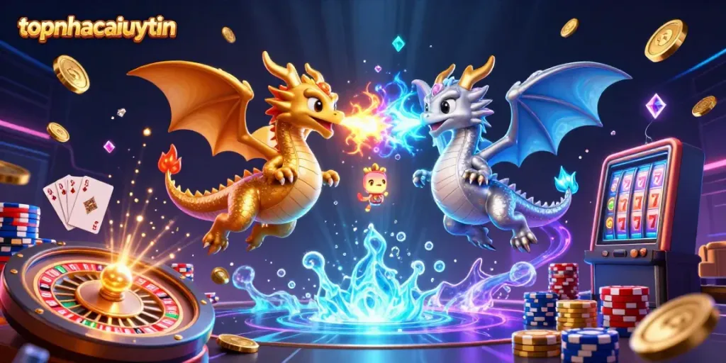 Engage in thrilling gameplay with topnhacaiuytin as golden and silver dragons ignite action in a vibrant casino