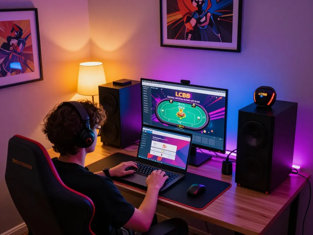 LC88 Đăng nhập interface displayed on laptop during an engaging online poker session with vibrant gaming setup.