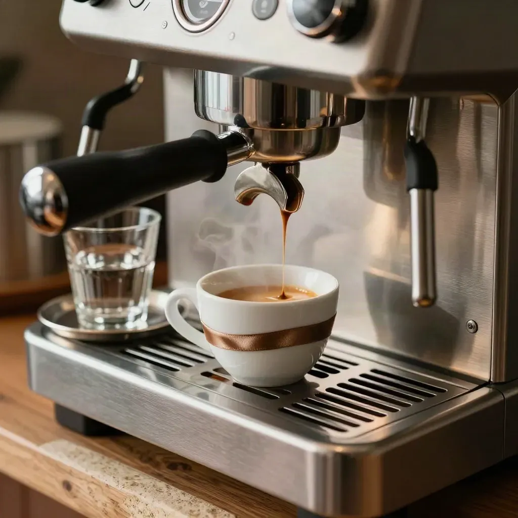 Espresso al banco che cade nella tazzina con macchina in acciaio e bicchiere d’acqua
