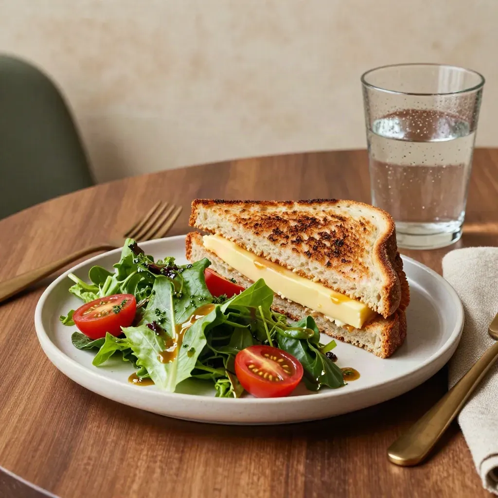 Piatto di pranzo leggero con insalata, toast e posate bronzee su tovaglietta di lino.