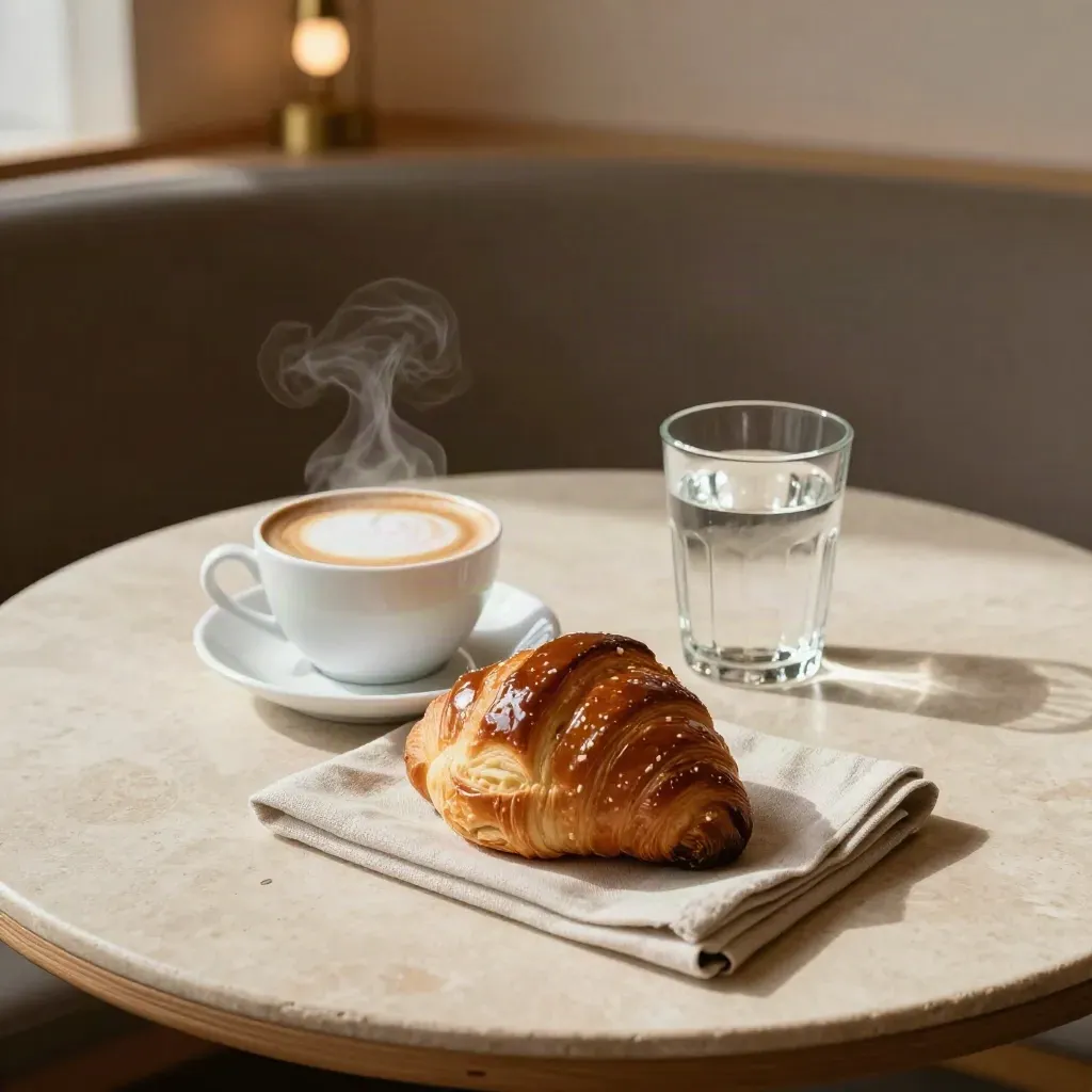 Cappuccino, brioche lucida e bicchiere d’acqua su tavolo chiaro, luce calda mattutina.