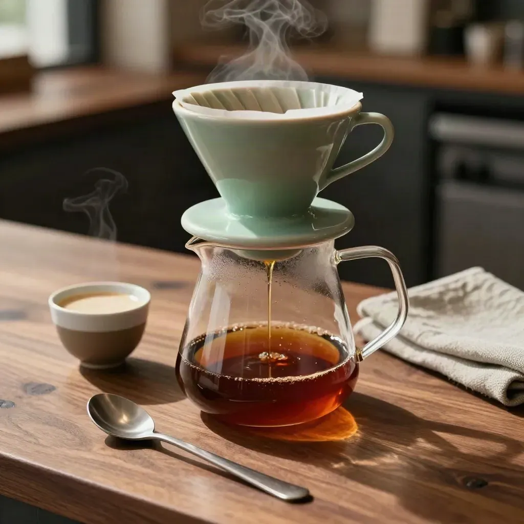 Caffè specialty che gocciola in un dripper con server in vetro e cucchiaino su legno scuro.