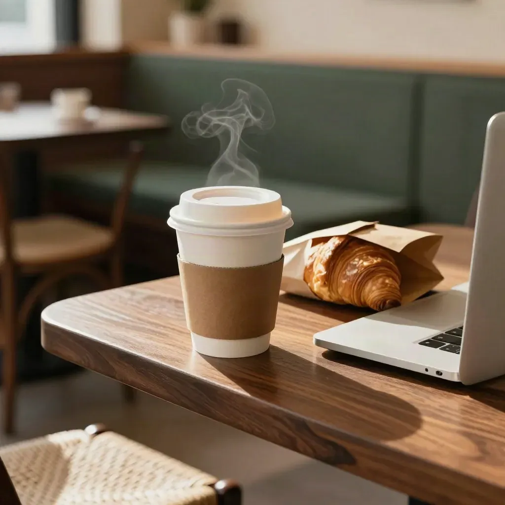 Tazza takeaway sigillata, sacchetto di croissant e laptop chiuso in un caffè accogliente.