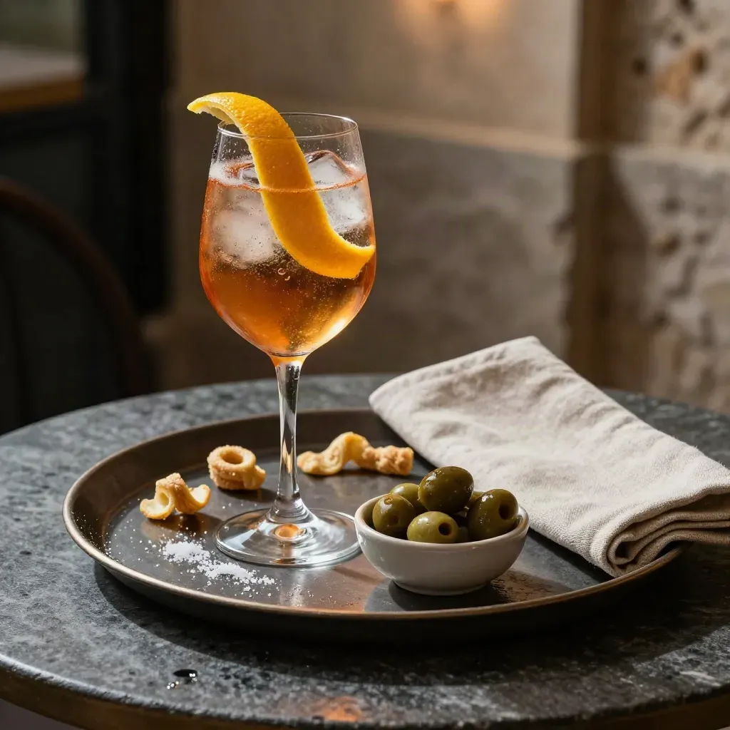 Vassoio aperitivo con spritz ambrato, olive, taralli e scorza d’agrumi su pietra scura.