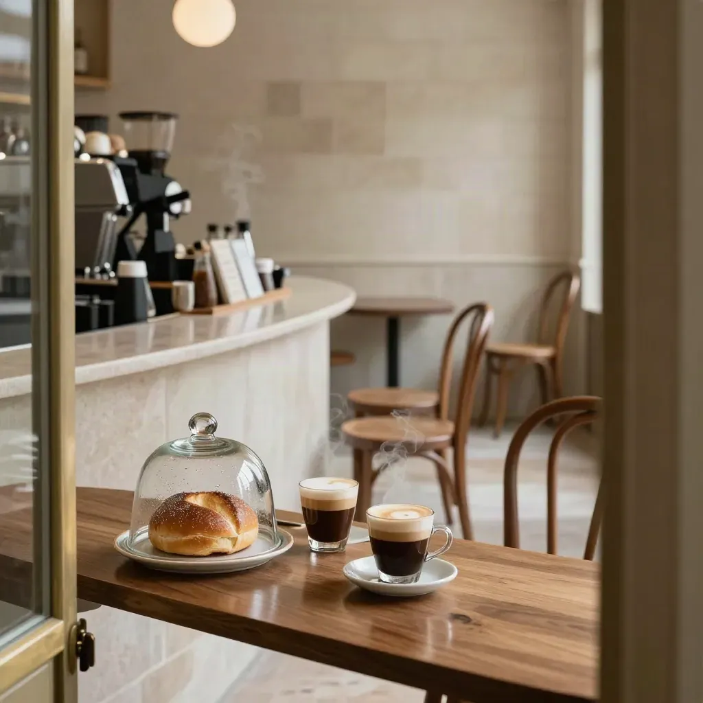 Interno elegante di Relax Caffe con due espressi, brioche sotto cloche e sala calma.