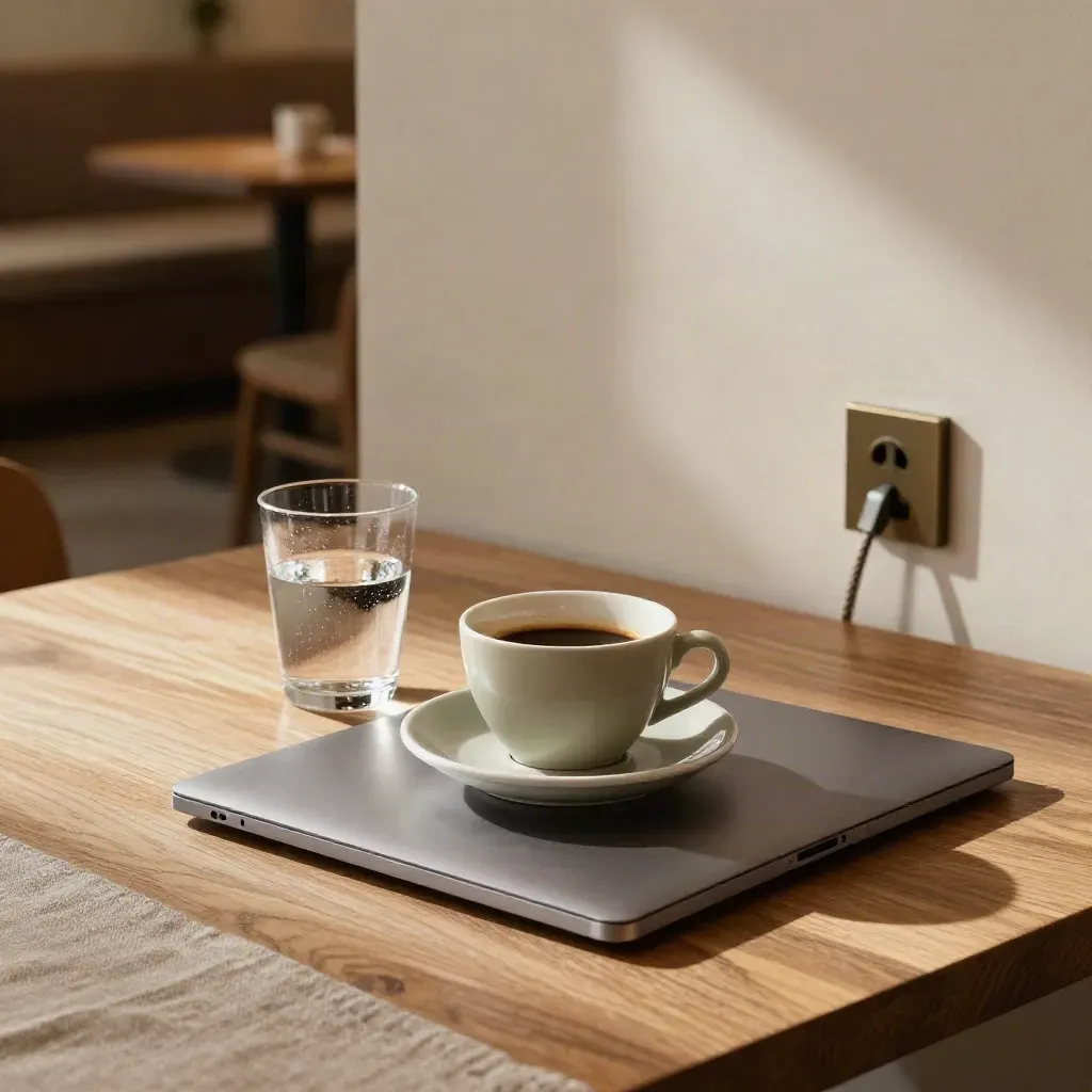 Tavolo studio con laptop chiuso, tazza in ceramica, bicchiere d’acqua e presa vicino al muro.