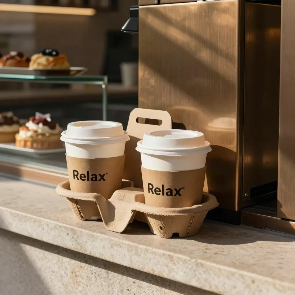 Due bicchieri take-away sigillati con carrier in carta davanti allo sportello bar.