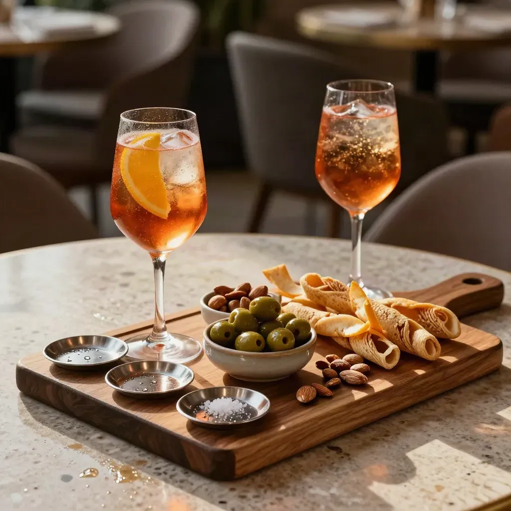 Tagliere aperitivo con spritz, olive e taralli su tavolo di travertino, sedie scostate in attesa.