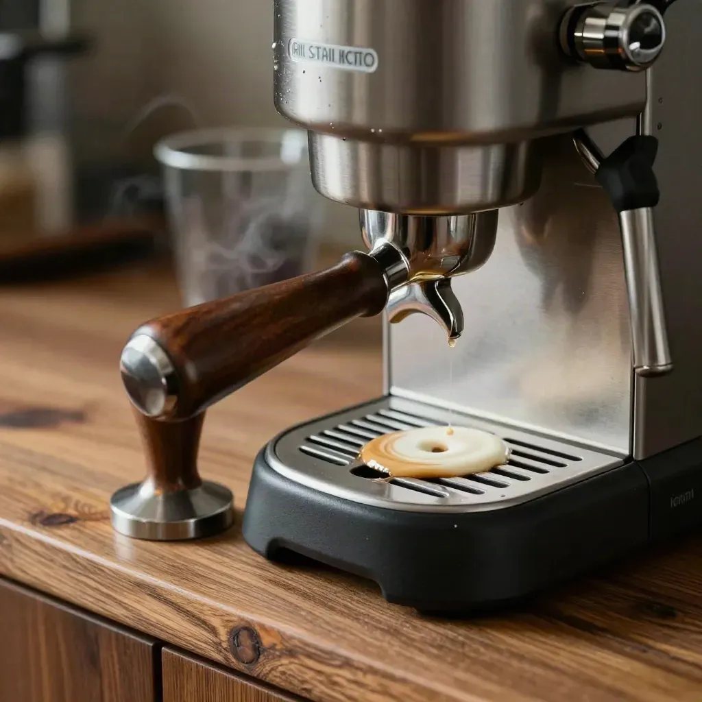 Portafiltro, tamper e knock box accanto alla macchina espresso con vapore e tracce di crema
