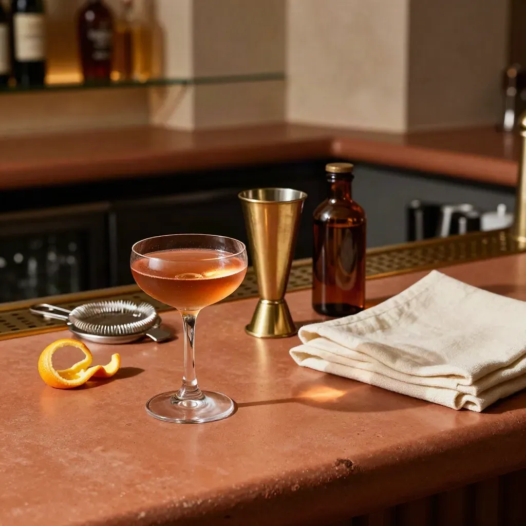 Strumenti da aperitivo con jigger, strainer, bottiglia ambrata e coppetta coupe su banco terracotta.