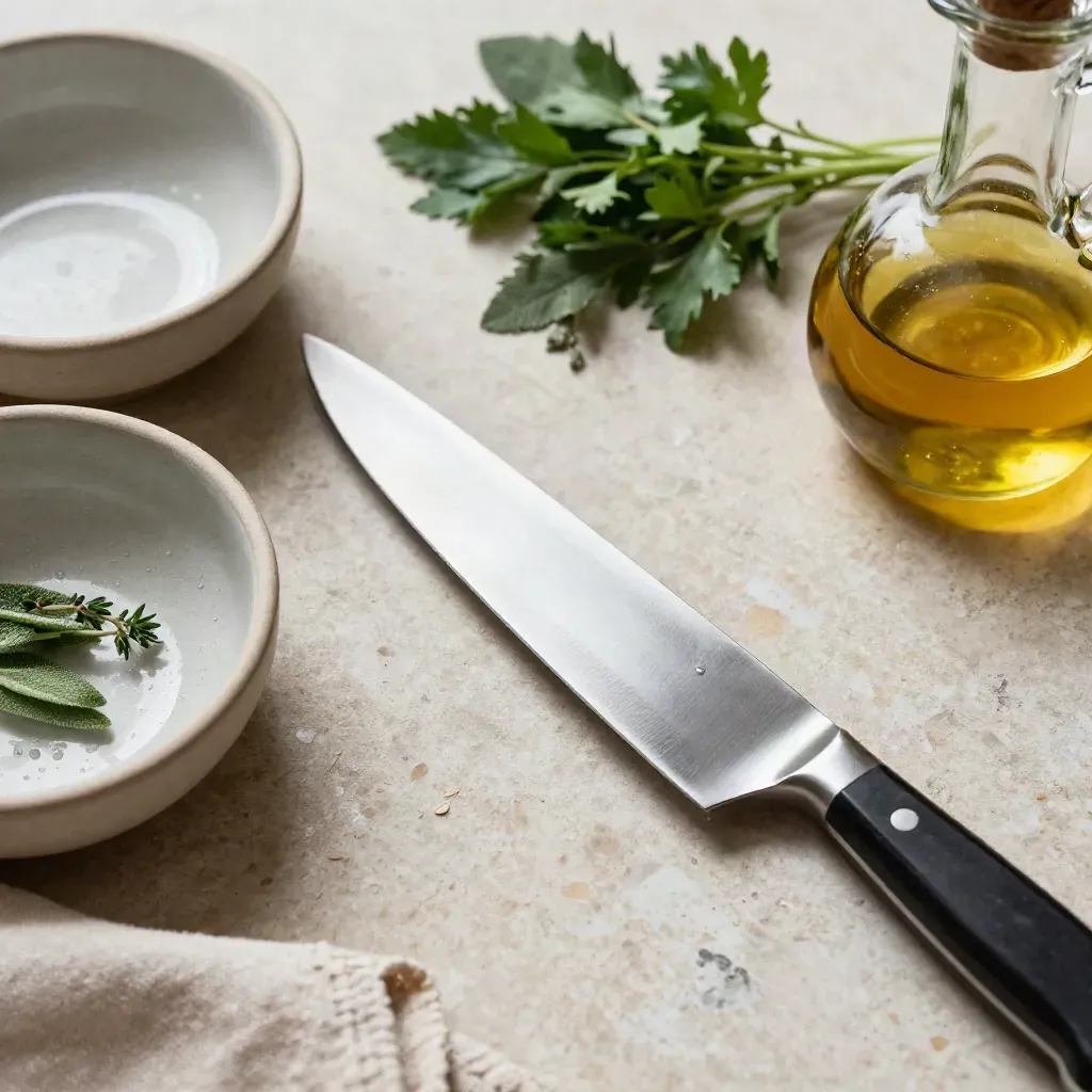 Coltello da chef, ciotole in ceramica ed erbe fresche su lastra di pietra chiara.
