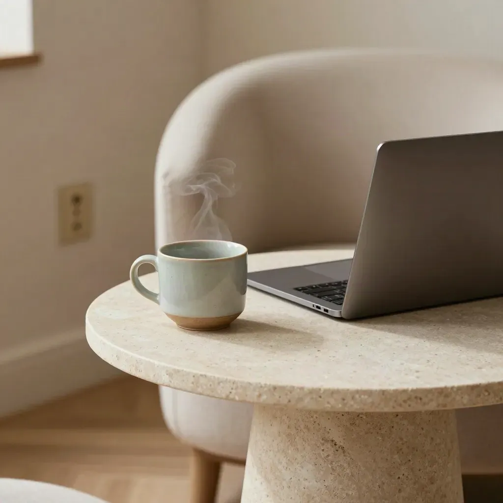 Angolo relax con poltrona, tavolino, laptop chiuso, presa a vista e tazza in ceramica.