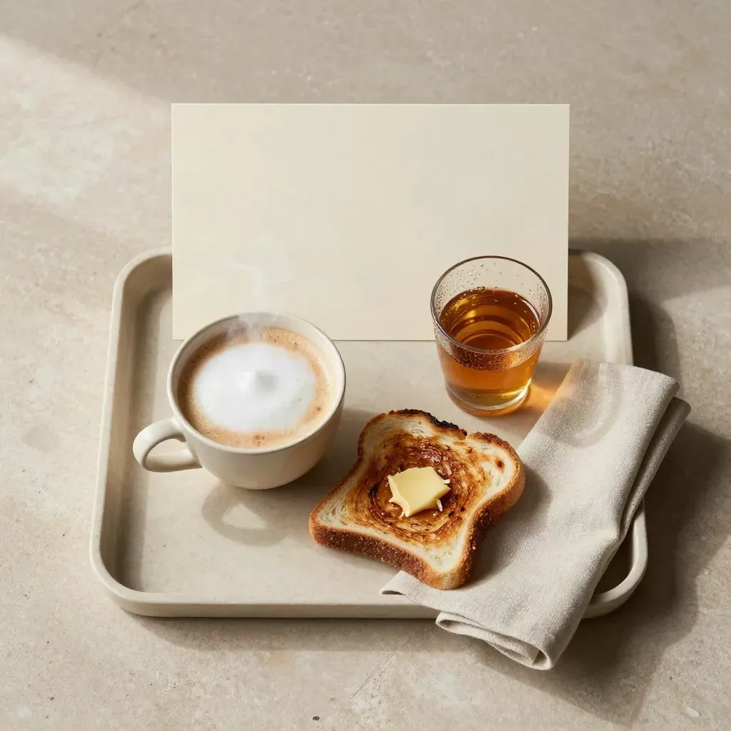 Vassoio con cappuccino, mezzo toast, spritz e tovagliolo su pietra chiara, luce morbida.
