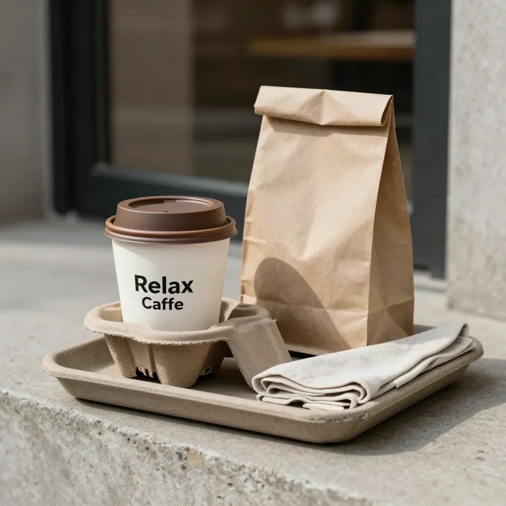 Takeaway caffè sigillato in portabicchieri con busta neutra e tovagliolo su vassoio di pietra.