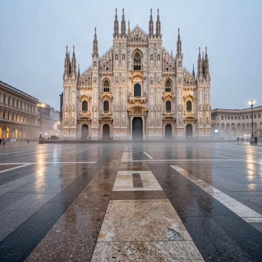 Duomo di Milano nel blu, piazza bagnata e foschia calda, finestre accese in alto