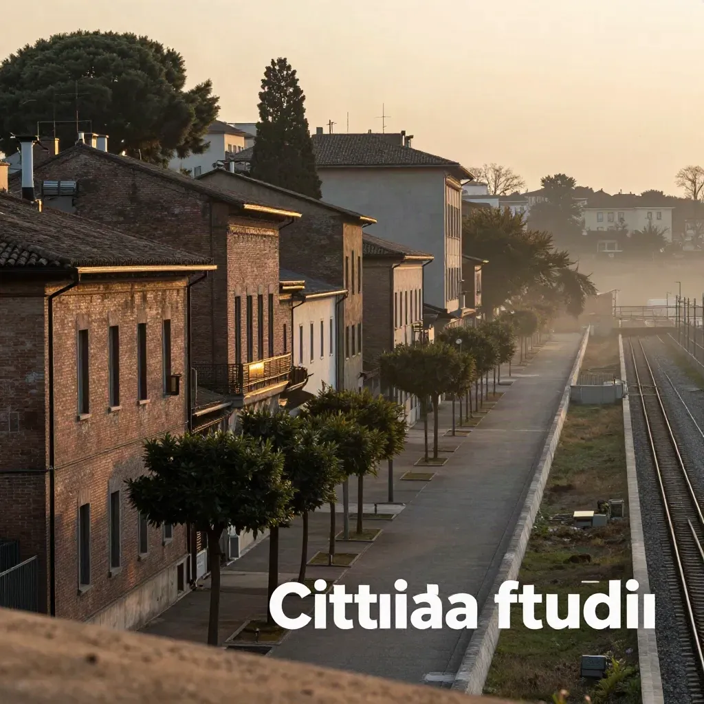 Lambrate e Città Studi al tramonto, facciate in mattone e binari lontani nella foschia.