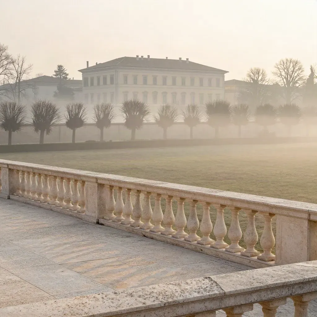 Villa Reale e parco di Monza nella bruma all’alba, con pietra chiara e tetti bassi.