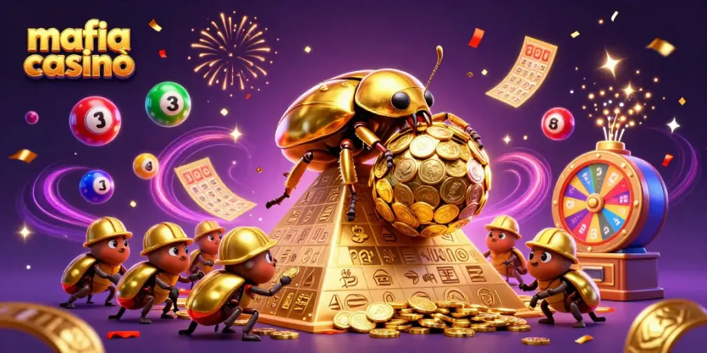 Experience thrilling gameplay at mafia casinò with a vibrant scene featuring a golden beetle and lively casino elements.